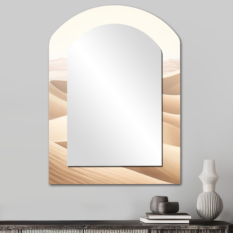 Desert Sands Of Slumber Dreams I - Minimalism Arch Wall Mirror, Beige Asymmetrical Decorative Mirror, Printed Metal Art