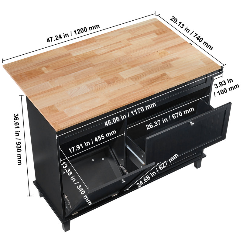 Black Rubberwood Top Kitchen Island Cart with Storage