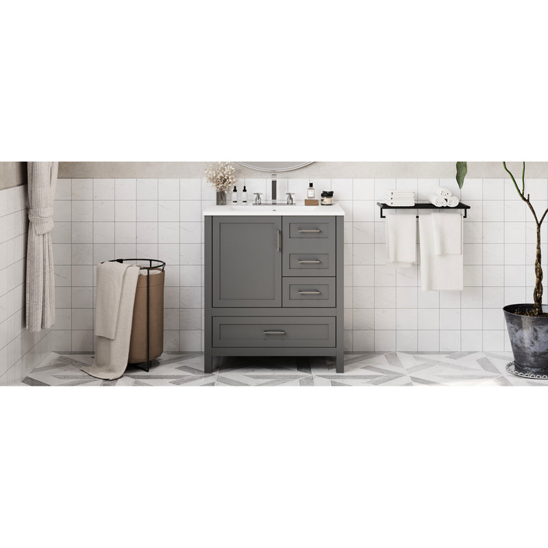 Meuble-lavabo gris 30 po - Conception élégante. Fabrication. Vaste espace de rangement. Lavabo en céramique facile. Fonction de fermeture en douceur avec finition d'évier. Bois massif et rangement spacieux. Caractéristique. Luminaire élégant