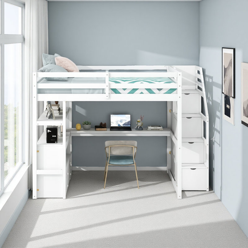 Lit mezzanine double avec bureau et tablettes, deux tiroirs intégrés, escalier de rangement, Blanc