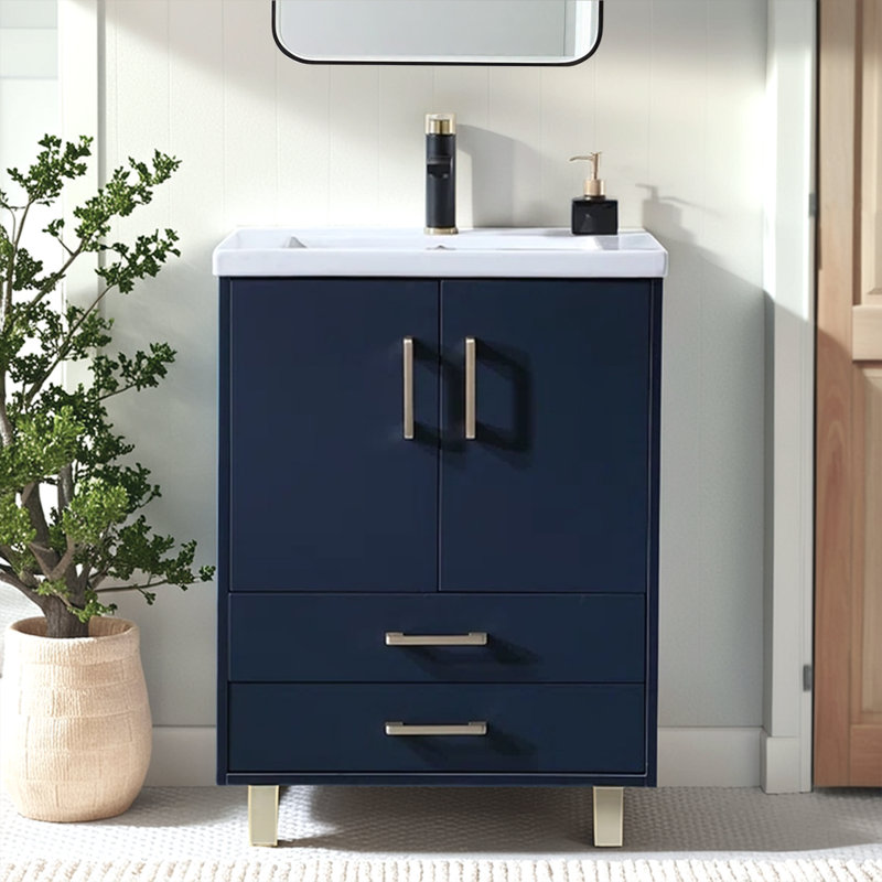 24" Modern Navy Blue Freestanding Single Bathroom Vanity with Ceramic Sink Top & Gold Hardware