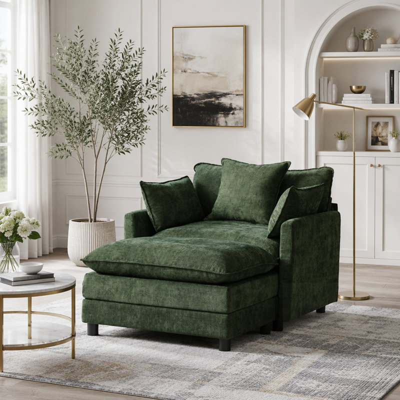 Chaise d'appoint rembourrée en chenille moderne avec repose-pieds, confortable et élégante pour le salon et la chambre à coucher
