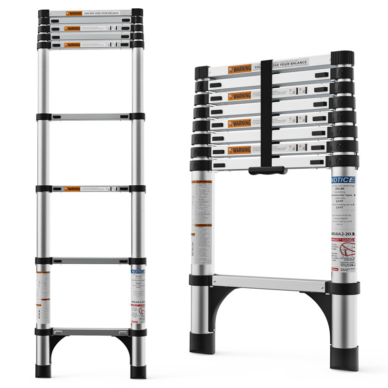 8.5 FT/2.6M Aluminum Telescoping Ladder, Lightweight Multi-Purpose Collapsible Extension Ladder, Heavy Duty 330 lbs Max Capacity