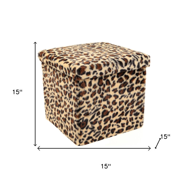 15" Tan and Black Faux Fur Leopard Storage Ottoman