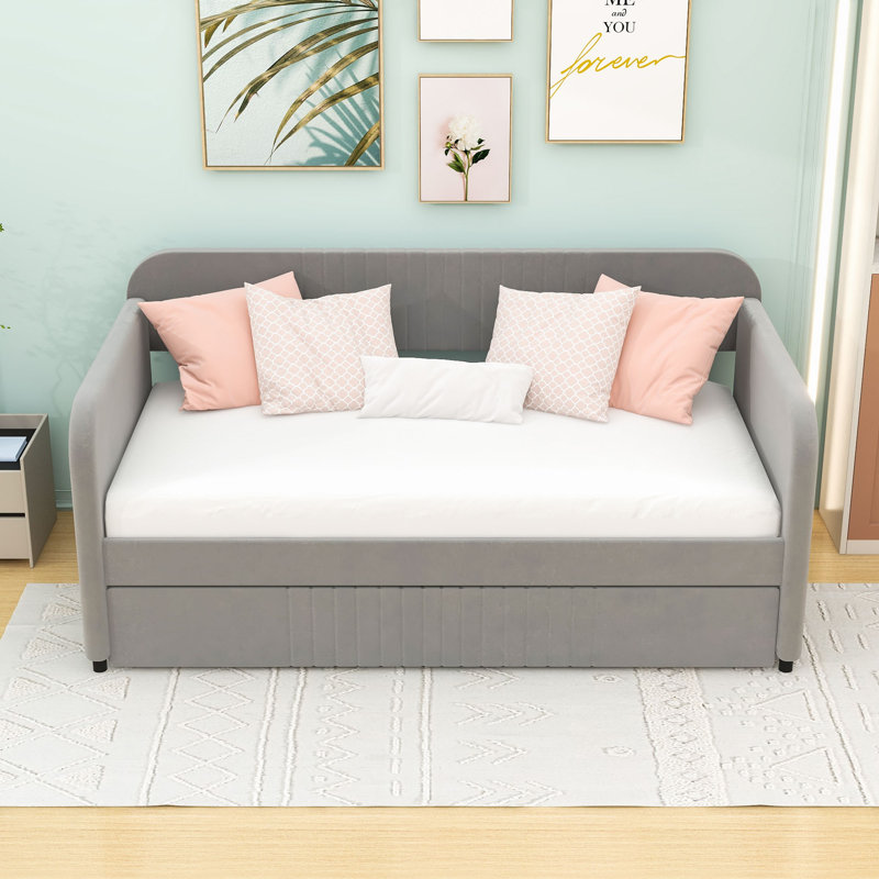 Tyrome Twin Size Velvet Upholstered Daybed With Twin Size Trundle, Gray