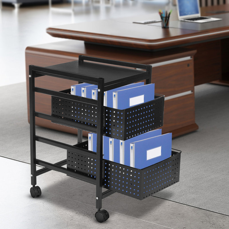 2-Tiermodern Black Rectangle File Storage Drawer Carts Carbon Steel File Storage Organizer On Wheels