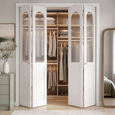  Half-Lite Tempered Reeded Glass Bifold Doors, Arched Style with Solid Core and White Water-Based Finish for Closet, Pantry and Laundry Room, Hardware Kit Included