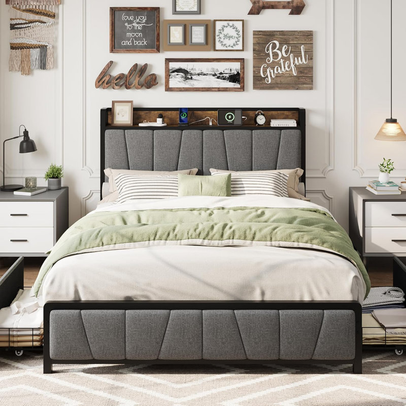 Bed Frame with 2 Storage Drawers and Charging Station, Full