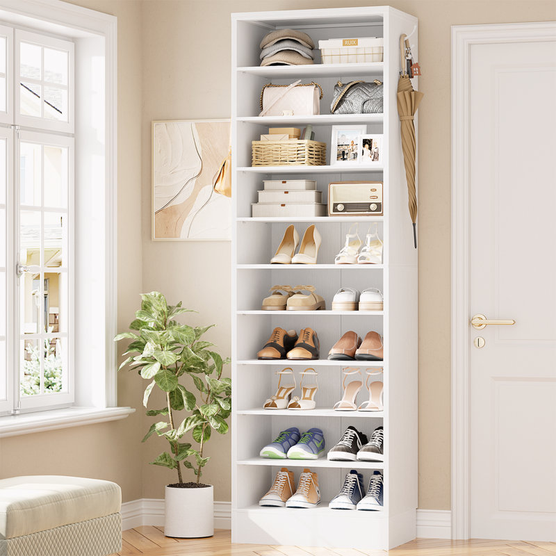 Shoe Storage Cabinet, 10 Tiers Narrow Wood Shoe Rack, White