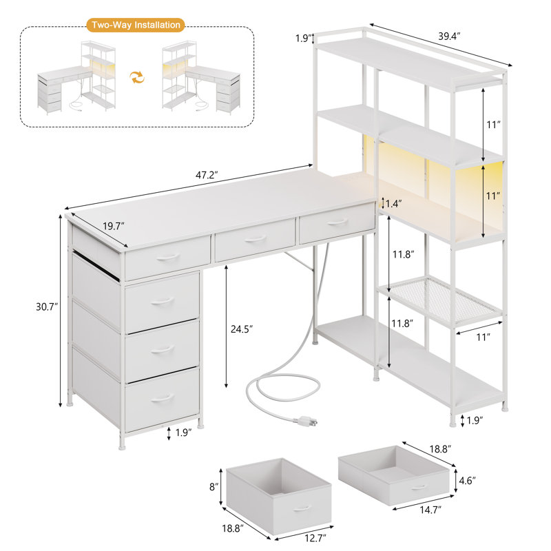 Bureau d'ordinateur de coin en L 47 po réversible avec 6 tiroirs et 5 tablettes de rangement, White