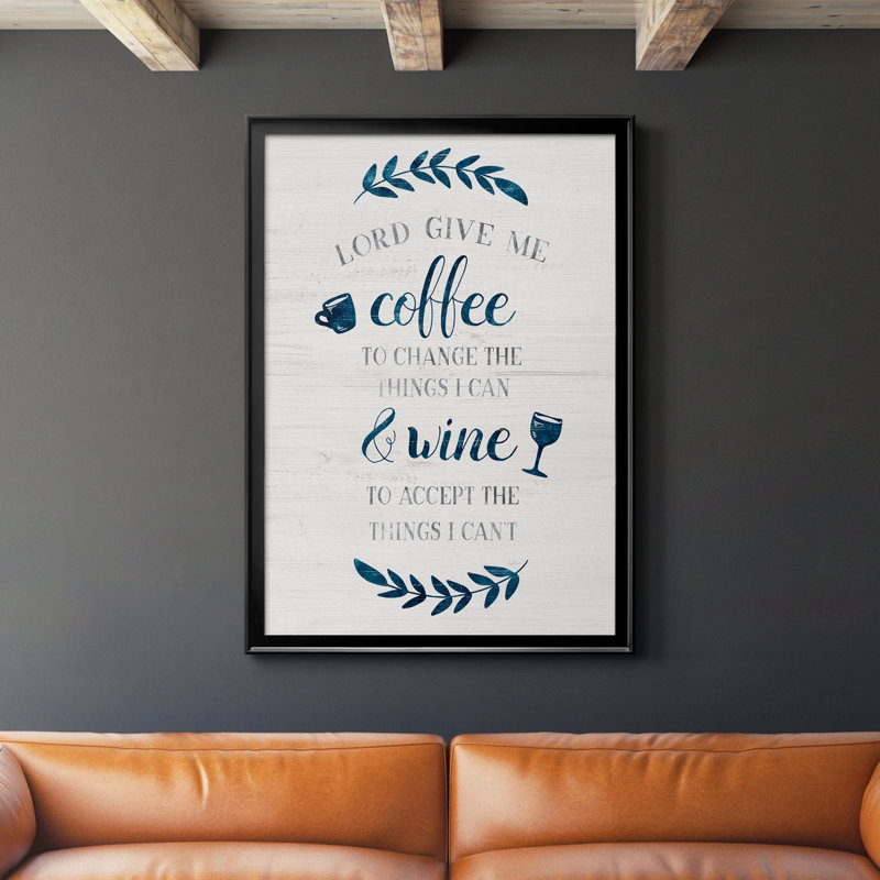 «Coffee and Wine», art textuel sur toile, H 30,5 po x l 42,5 po x P 1,5 po, Cadre noir