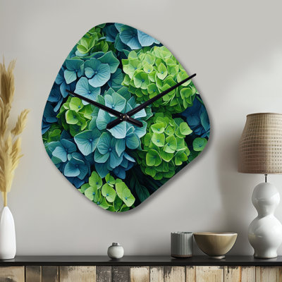 Green Blue Hydrangea Emerald Blooms - Asymmetrical Hydrangea Metal Clock, Green Wall Clock Print