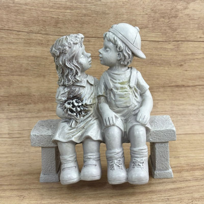 Hand-Painted "First Kiss" Resin Boy And Girl Garden Statue, Angelic Puppy Love Figurine For Home, Yard & Christmas Décor