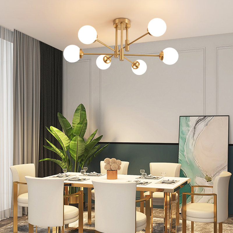 Tameya Sputnik Modern Linear Chandelier With Milky White Glass Shade, Gold
