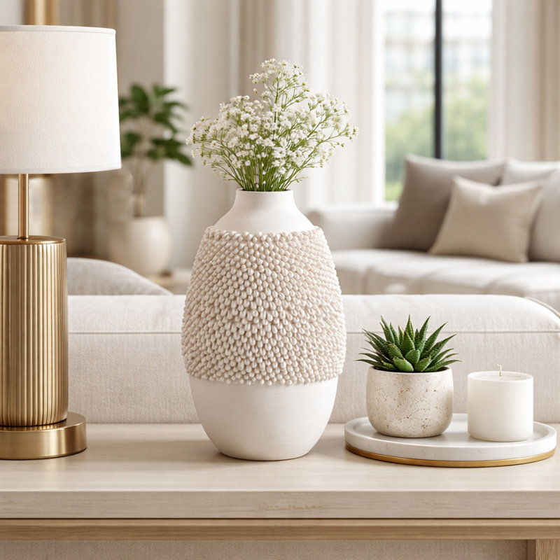Modern Ceramic and Porcelain Vase with Textured Design, Glam Decorative Accent for Contemporary Decor, 10" H x 6" W x 6" D