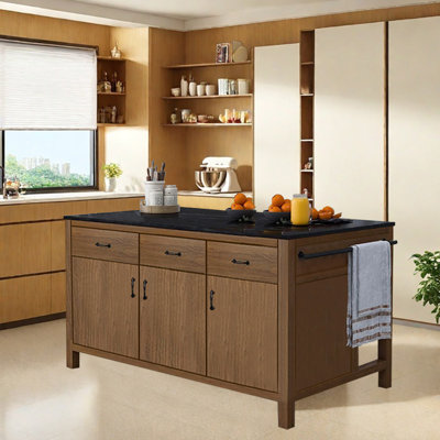 Solid Wood Frame Kitchen Island with Sintered Stone Top, Drawer and Cabinet Storage