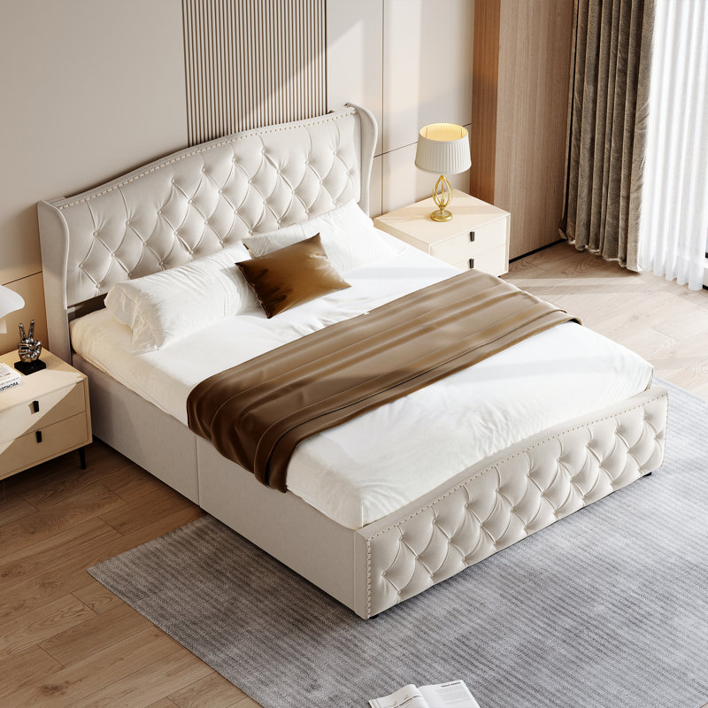 Upholstered Ottoman Storage Bed, Beige, European Kingsize (160 x 200 cm)