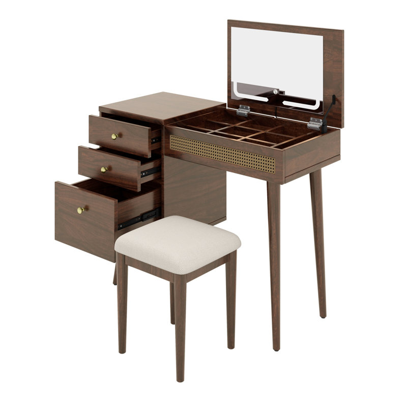 Bureau de coiffeuse rétro bohémien, miroir avec lumières DEL, plateau de table rabattable, 3 tiroirs et 10 compartiments pour un usage domestique