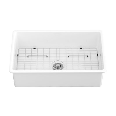 32'' White Rectangular Single Bowl Farmhouse Kitchen Sink with Grid and Strainer