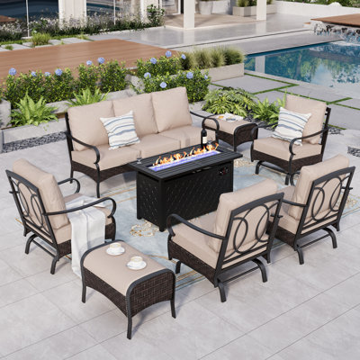 9-Person Outdoor Conversation Set With Fire Pit Table & Rocking Lounge Chairs
