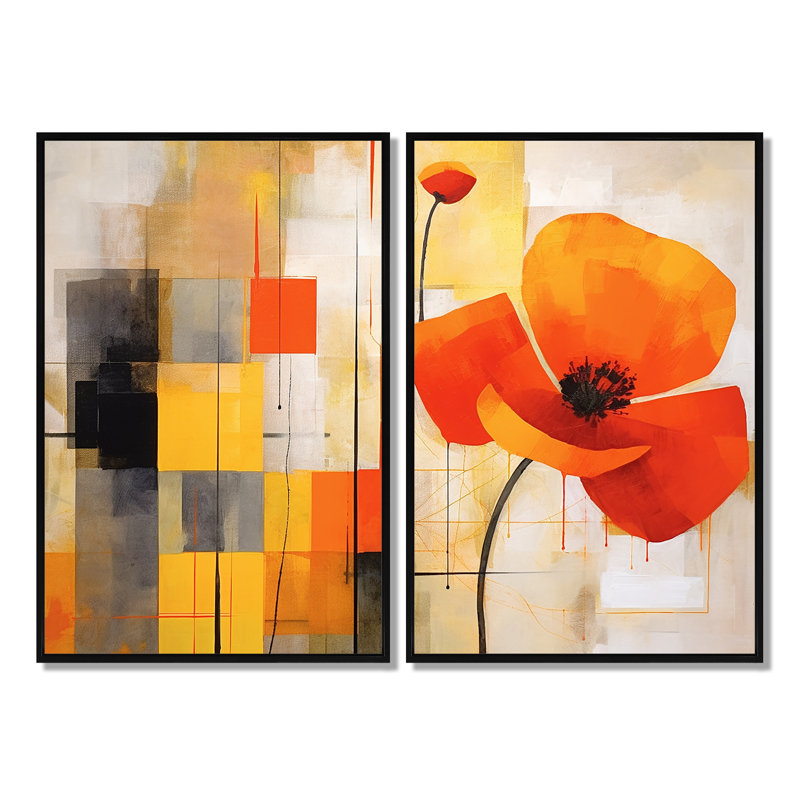 «Bold Orange Cubic Flowers», reproduction d'art corail sur toile, Black, 36" H x 48" W, Impression encadrée flottante