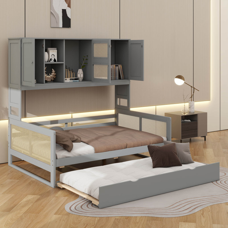 Lit de jour en bois avec couchette coulissante et armoire intégrée, Lit double, Gris