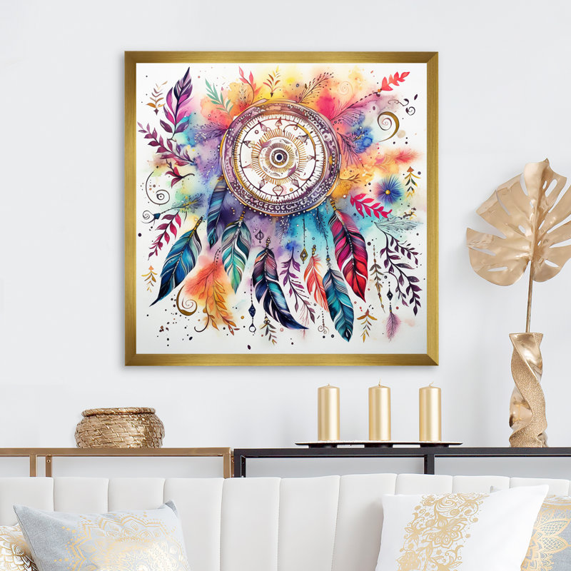 Rainbow Boho Dreamcatcher, aquarelle encadrée sur toile, Cadre doré à une seule photo, H 16 po x l 16 po x P 1 po