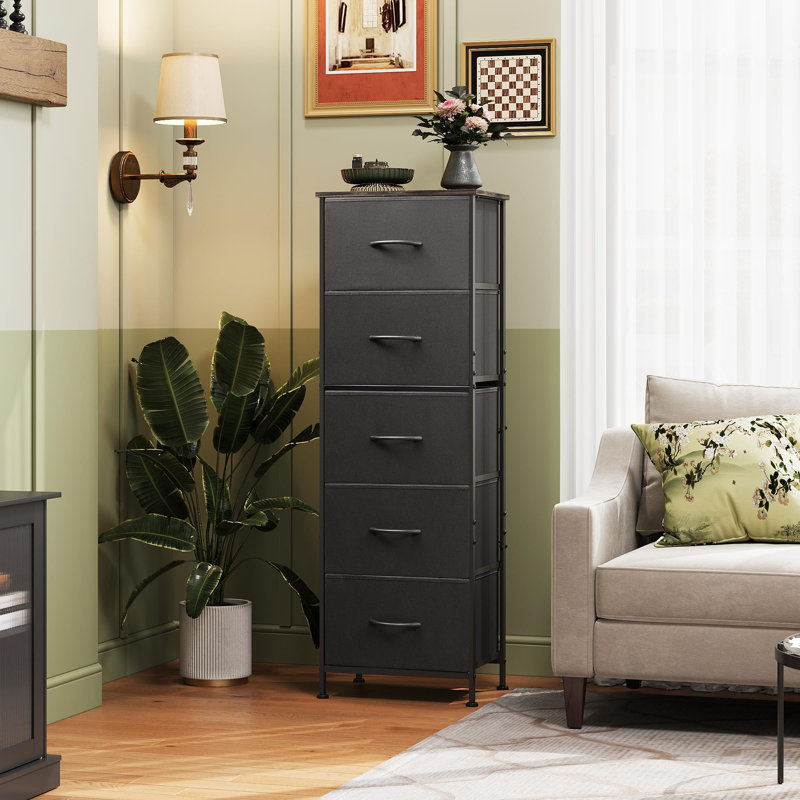 Commode verticale à 5 tiroirs avec plateau en bois Ojaswi pour chambre à coucher, commode avec structure en acier Strudy pour petit espace, tour de rangement pour placard, couloir