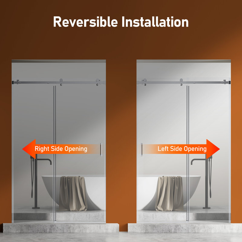 46"-48" W X 76" H Frameless Single Sliding Shower Door,  5/16" (8Mm) Thickened Upgrade Tempered Glass Door, Smooth Roller Stainless Steel Hardware, Reversible Mounted Modern Bathroom Enclosure