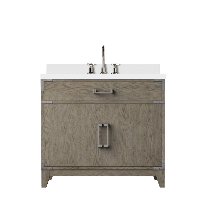 Ensemble de meuble-lavabo simple en chêne gris l 36 po x P 22 po, plateau en quartz blanc et robinet, Gray/Silver, 44" W