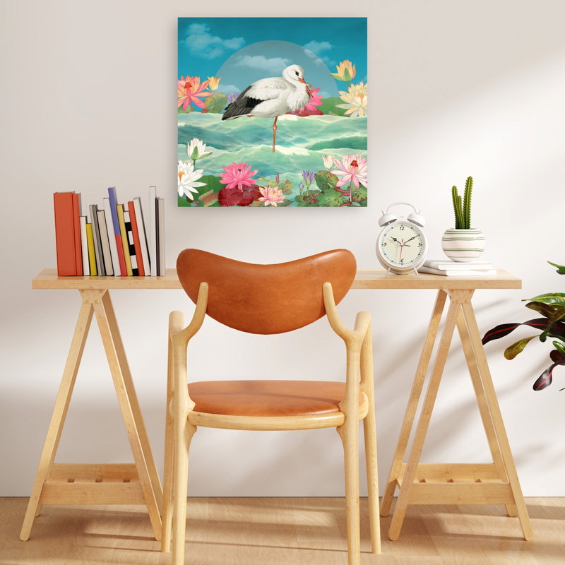 White Stork Water Lilies Colorful Peaceful Serene Bird Lily Lotus Flower Nature Wall Art Print 1 Piece Wrapped Canvas Wall Art