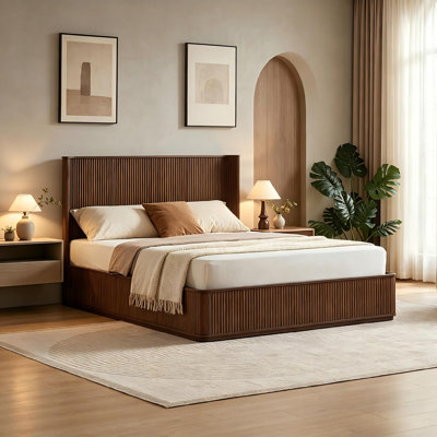 Queen Bed Modern Minimalist Walnut Fluted Platform Bed Frame, High Curved Headboard, No Box Spring Required