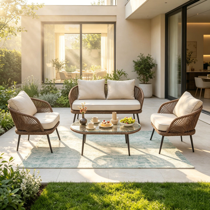 4-person Outdoor Wicker Patio Conversation Seating Set With Coffee Table, Cushions