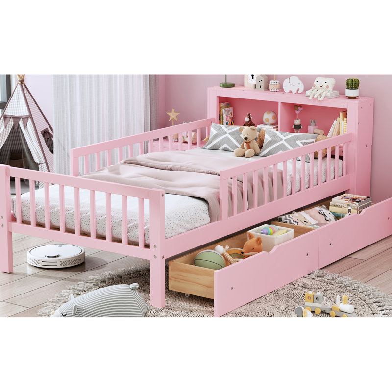 Fascinant lit simple rose avec garde-corps et espace de rangement, Rose