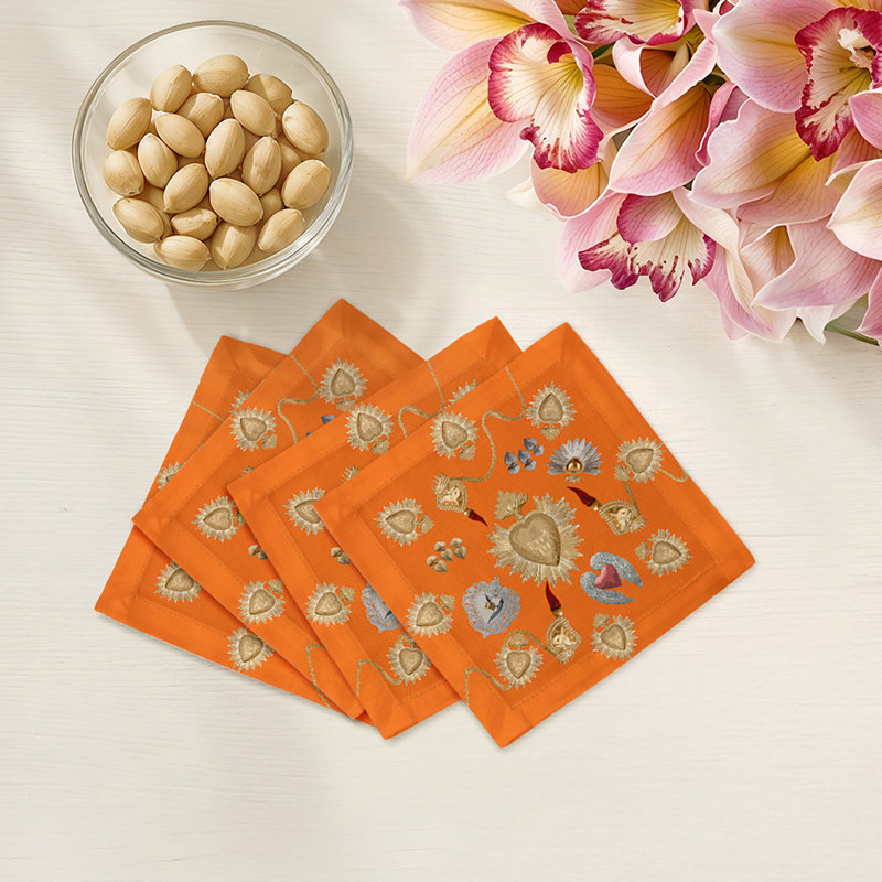 Serviettes de cocktail en satin de coton ex voté Sacred Hearts, Orange