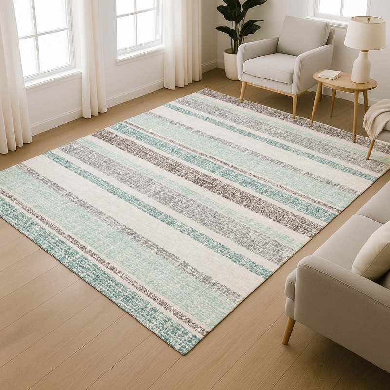Premium Machine Washable Mayfield AMF2122 Striped Rug, Teal, 9' x 12'