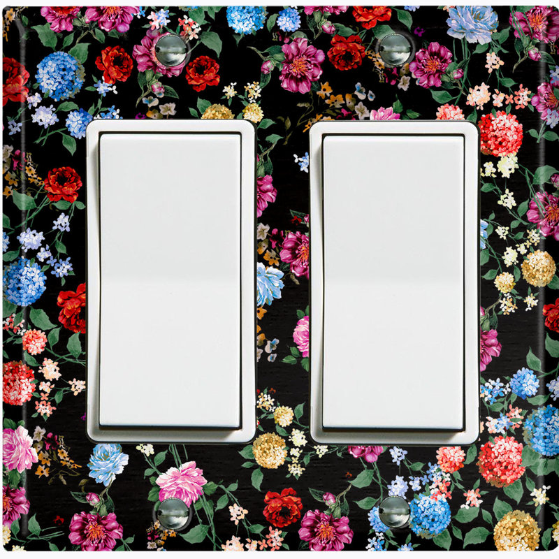 Metal Light Switch Plate Outlet Cover (Colourful Rose Flowers Black - Single Toggle)