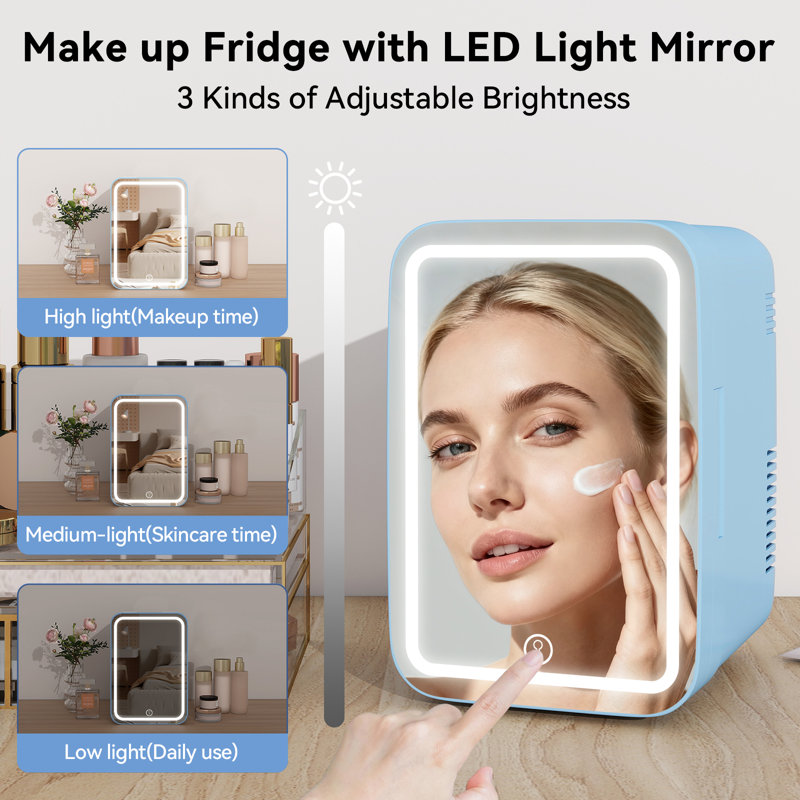 Mini Fridge 4L Car Refrigerator With LED Mirror, 3 Light Countertop Mini Fridge with Freezer, Blue