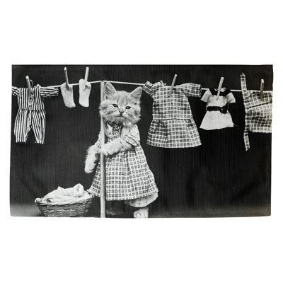 Vintage Cat Laundry Scene Area Rug – Black and White Art Print, Machine Washable
