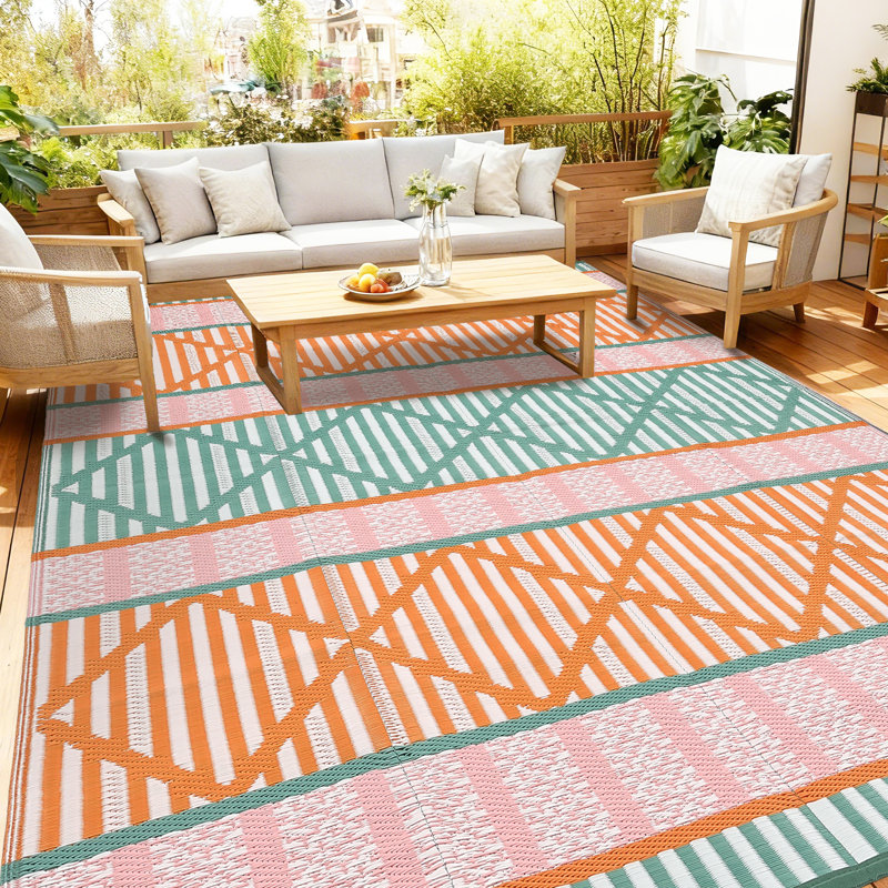 Boho Outdoor Rug Waterproof Reversible Plastic Straw Mat – Collapsible, Durable, Easy to Clean, for Patio, Deck, Balcony, Backyard, Porch, RV Camping