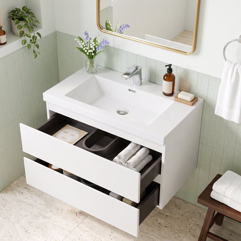 Meuble-lavabo suspendu flottant en mélamine de bois de 30 po avec lavabo intégré en résine et carbonate de calcium, quincaillerie de qualité supérieure à fermeture en douceur, aménagement de rangement intelligent et spacieux (entièrement assemblé)
