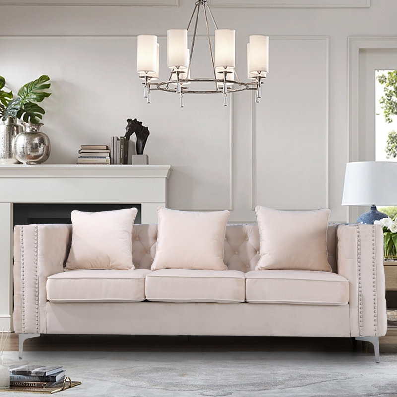 Habbe 84.6'' Velvet Sofa, Beige Velvet