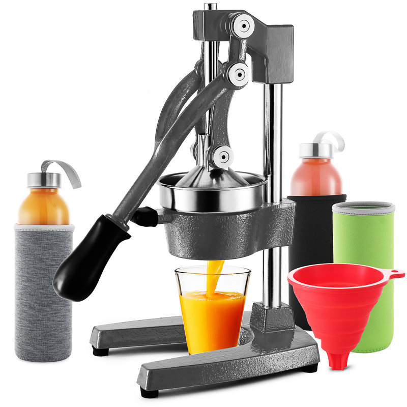 JoyTable 7 PC Manual Hand Press Citrus Juicer with 2 Glass Bottles, 3 Sleeves, and Silicone Funnel, Gray