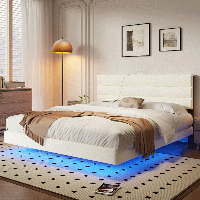 Base de lit plateforme, lit à lumières DEL avec tête de lit tapissier avec station de charge, sommier à lattes, aucun sommier requis,