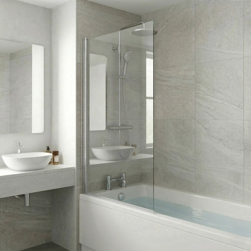 600mm W x 1400mm H Hinged Frameless Tub Door with Clear Glass