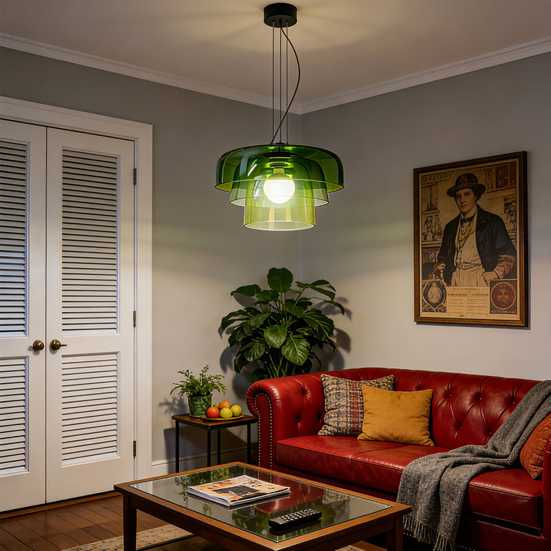 Mid Century Modern Glass Pendant Light, Green