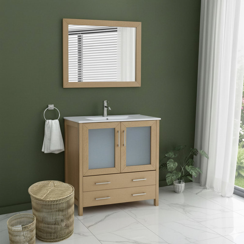  36" Single Bathroom Vanity Set with Mirror, Natural Oak