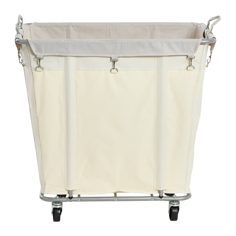Natural Canvas and Silver Frame Rolling Laundry Hamper with Wheels