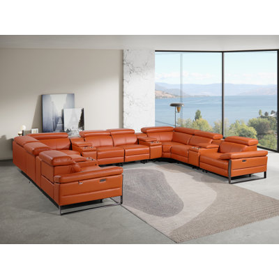 Top Grain Italian Leather 12-Piece U-Shaped Modular Power Reclining Sectional With 4 Power Recliners & Power Headrests