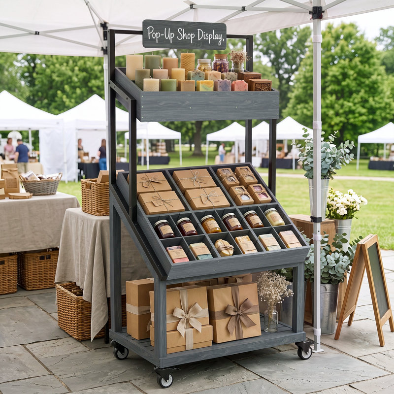 Rolling Vendor Display Stand for Pop Up Shops with Adjustable Dividers for Crafts, Gifts, Snacks and Small Goods